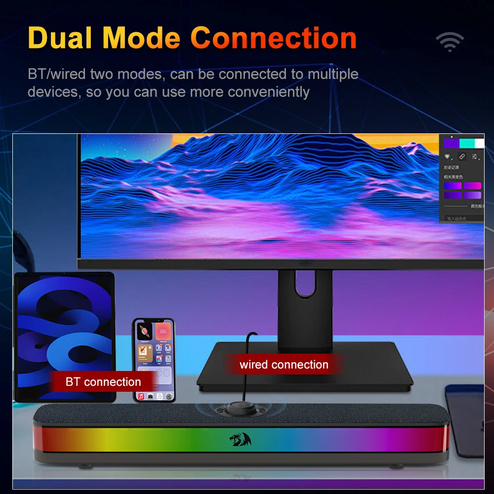 REDRAGON NEO GS515 RGB 데스크탑 사운드바 2.0 채널 스테레오 컴퓨터 USB 스피커는 PC용 Bluetooth 무선 스피커를 지원합니다.