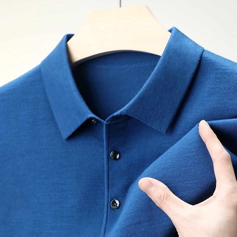Real Worsted Wool Polos Mens Spring Merino Wool Knit Tops Long Sleeve Pure Sheep Sweater Shirts