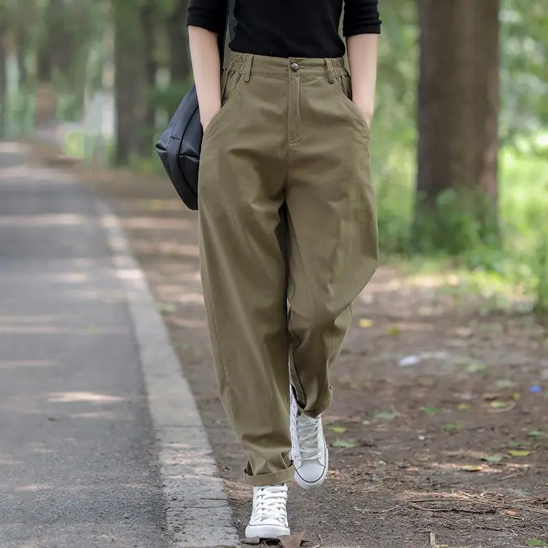Women's Autumn Winter High Waist Solid Button Zipper Pocket Casual Loose Small Feet Workwear Trousers Fashion Vintage Pants