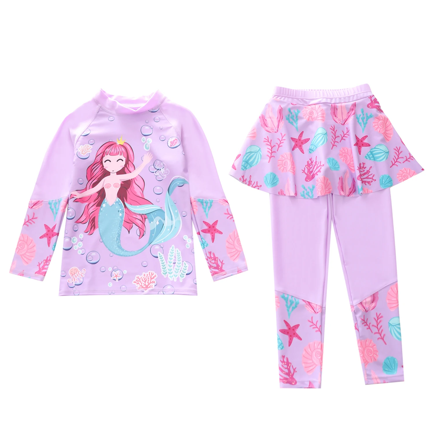 Children's Swimming Suit Girls' Two-Piece Long Sleeve Swimwear Rainbow Unicorn Pants Skirt Fast Drying Fitness Swimming Costume - 2