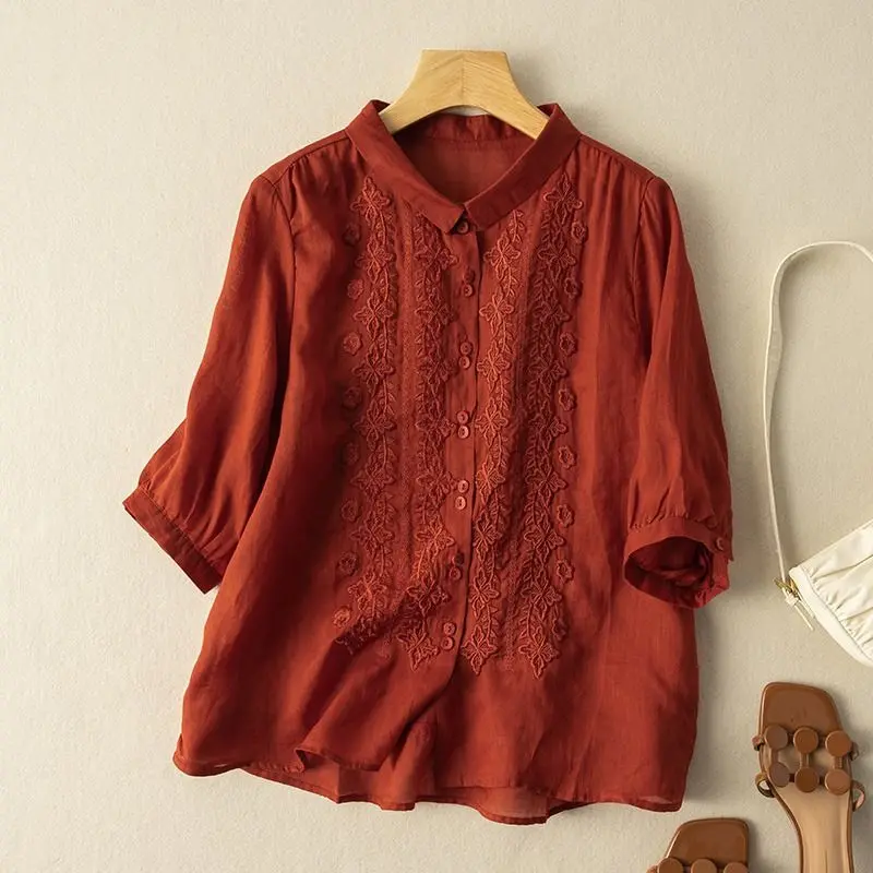 

Women Shirts 3/4 Sleeve O-Neck Solid Color Blouse Summer Elegant Shirt Front Pockets Stylish Casual Office OL Tops Cotton Shirts