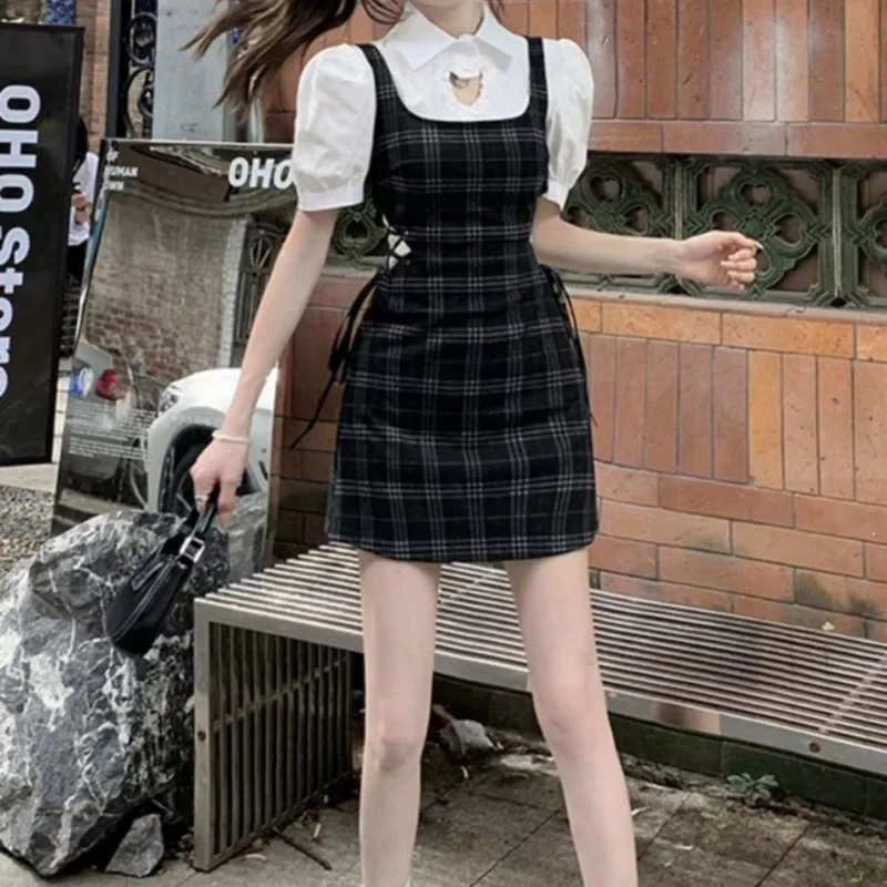 Retro Plaid Women's 2024 Summer Splicing Turn Down Collar Button Pockets Strap Sweet Spicy Girl Fashion Slim Fit Dress Suit