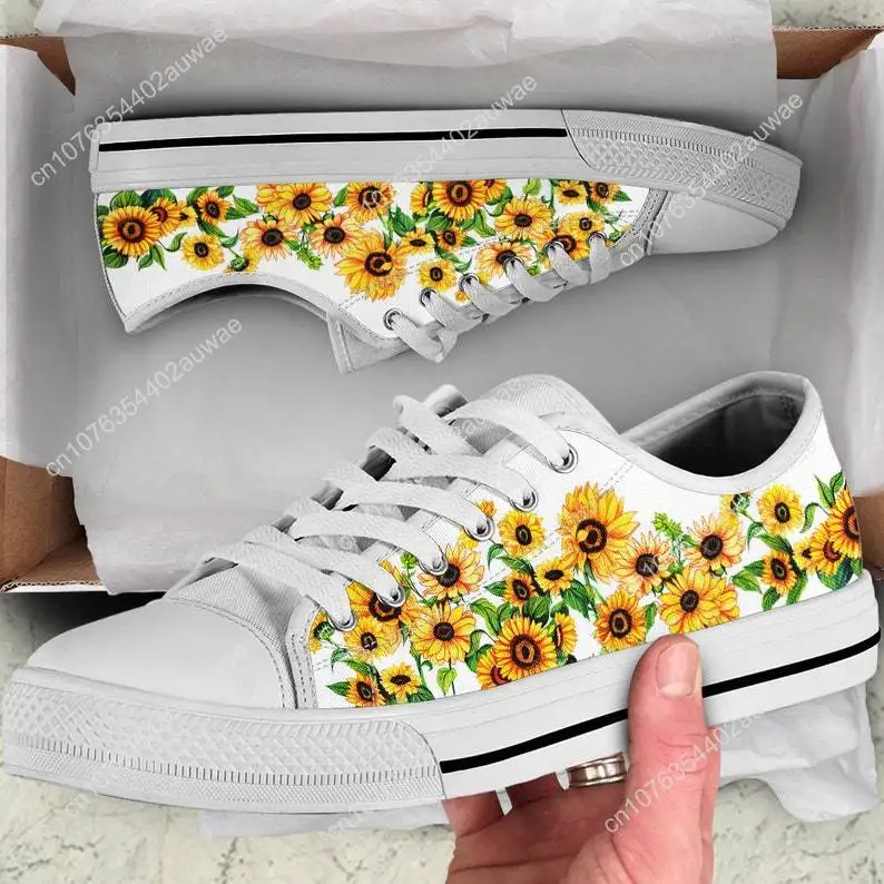 Classic Yellow Flower Sunflower Printing Canvas Shoes Women Daily Outdoor Light Sneakers Black White Flats For Teens