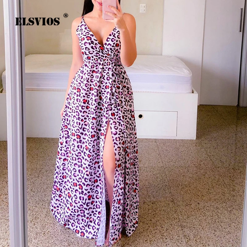 

Женское платье макси с глубоким V-образным вырезом и разрезом