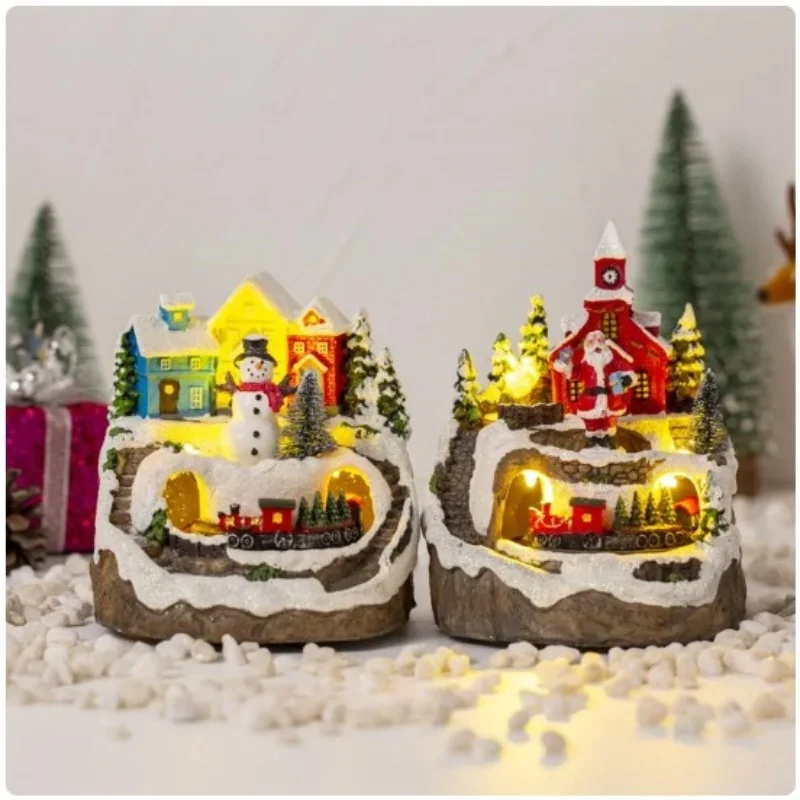Christmas Village House Led Luminous Snow House Figurine Resin Music Landscape Indoor House Tabletop Christmas Ornament