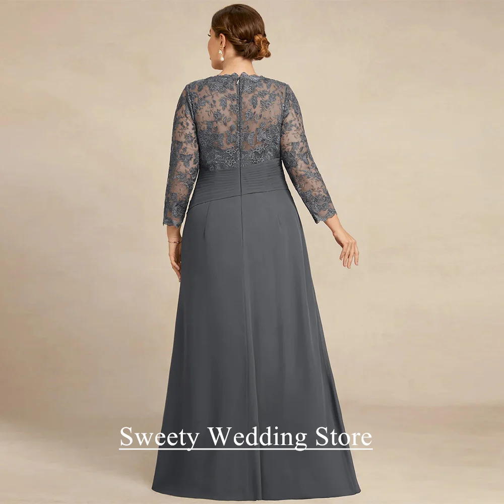 Grey Mother of Bride Dress Plus Size Scoop 3/4 Sleeves Pleat Applique Chiffon A Line Wedding Guest Gown