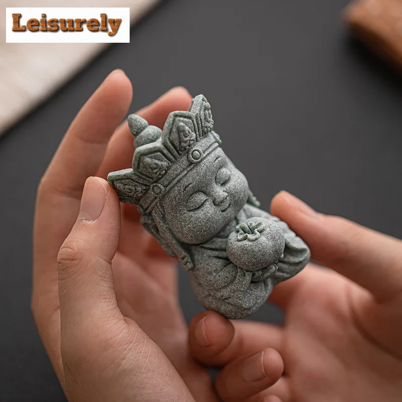 Green Sandstone Silent Buddha Tea Pet Handmade Flowerpot Landscaping Sculpture Tea Figurine Play Toys Tea Statue Ornament Teaset
