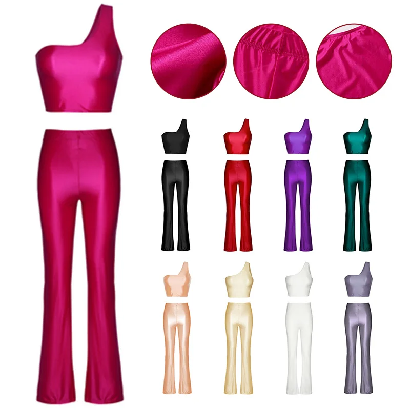 Women Sexy Oil Shiny Glossy Jumpsuit Bodysuit Stretch Spandex Top Flared Pants One-piece Leotard Catsuit Flared Pants