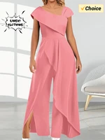 2024 Summer New Elegant Women's V-neck Irregular Jumpsuit Solid Color Short Sleeved Long Style Banquet Women's Jumpsuit - Image 4