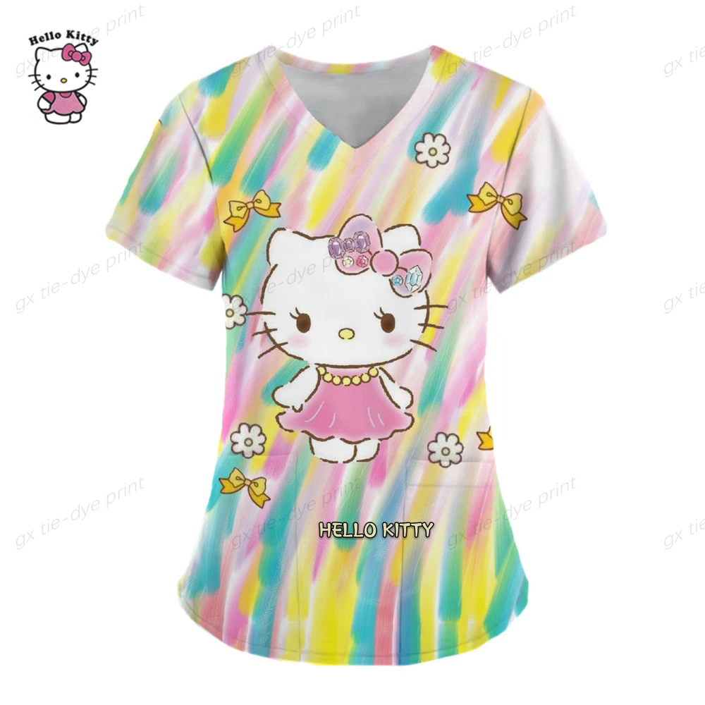 thumbnail image 1 of Camisetas de manga corta para mujer, uniforme de enfermera con estampado de Hello Kitty, cuello en V, bolsillo, para trabajadores de la salud, ropa de trabajo clínica, 1 of 5