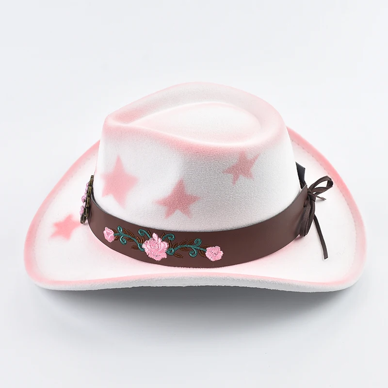 New Western Style Cowgirl Hat Vintage Roll Up Brim Gentleman Lady Felt Jazz Hats Pink Women Girls Birthday Party Cowboy Hat