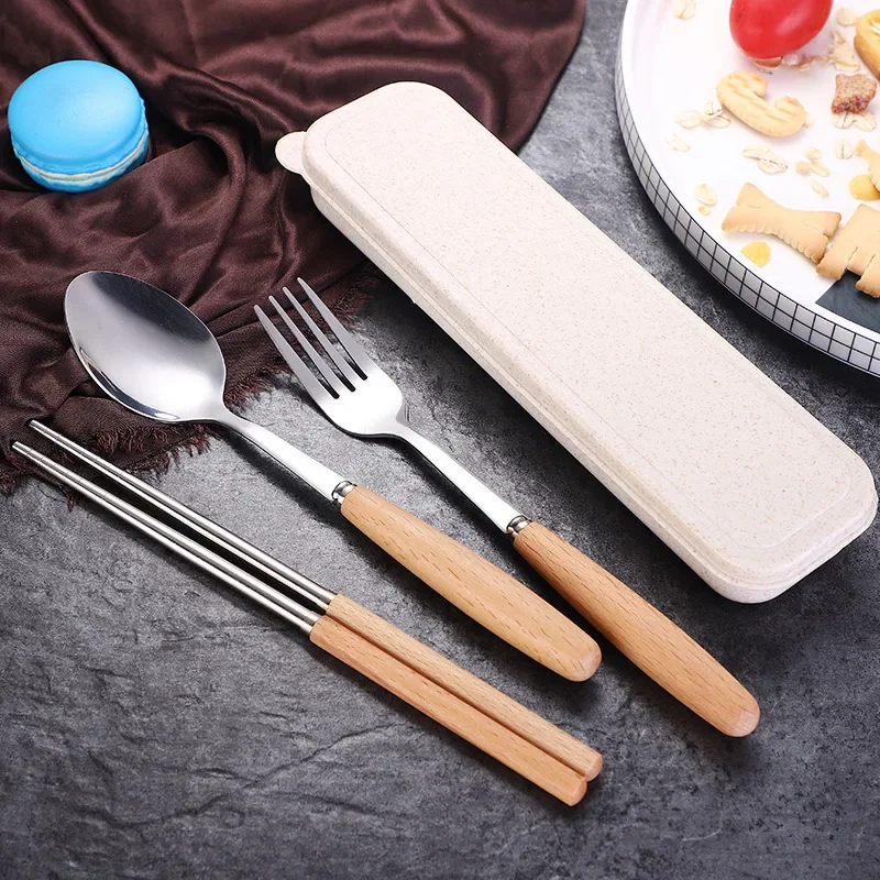 Wooden handle stainless steel tableware three-piece set Chopsticks fork spoon Students outdoor travel gift tableware set