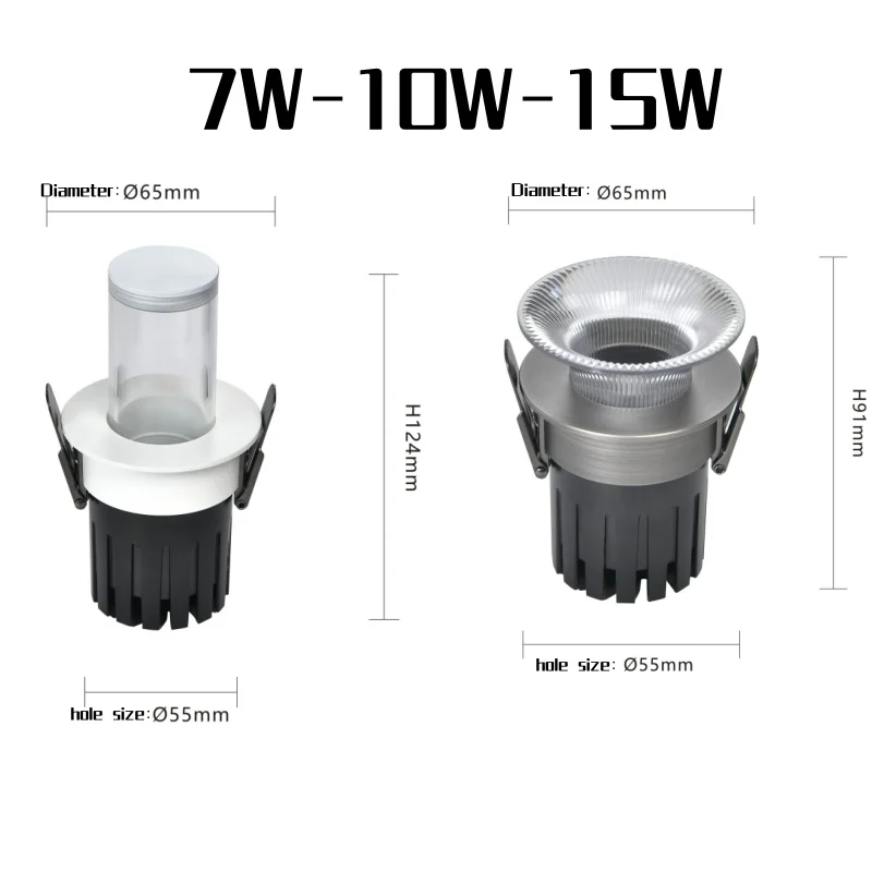 주변 조명 LED 매립형 천장 COB 스포트라이트 7W 10W 15W 눈부심 방지 다운라이트 디밍 가능 Ra98 AC85-265V 실내 조명