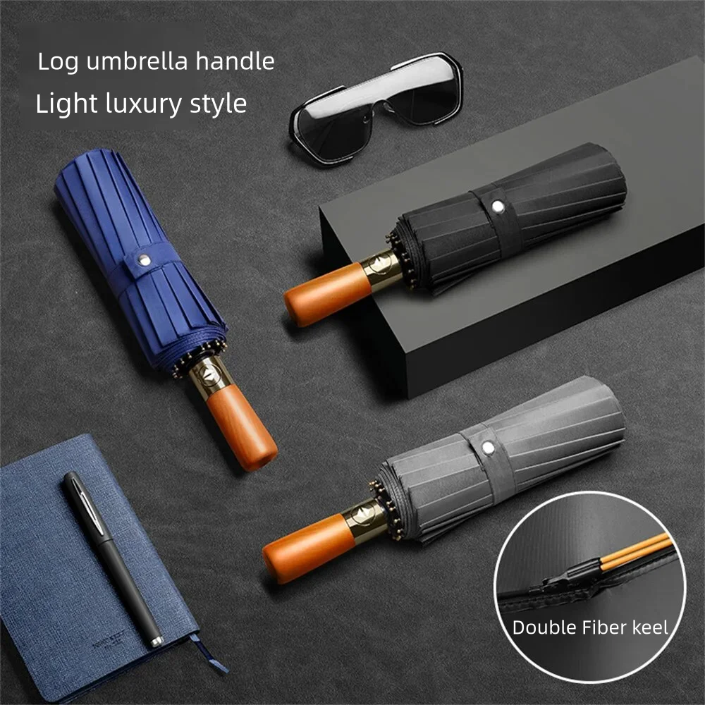Windproof 32 Bone Business Umbrella for Men, Fully Automatic Wooden Handle, Large Folding, Waterproof Sunshade Luxury Umbrellas