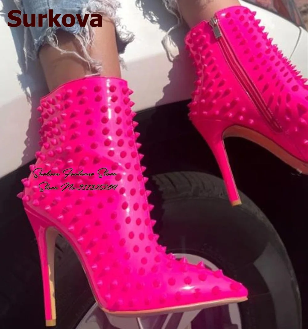 

Surkova Fuchsia Pink Red Patent Leather Full Rivets Ankle Boots Pointed Toe Stiletto Heels Booties Zipped Spikes Dress Shoes