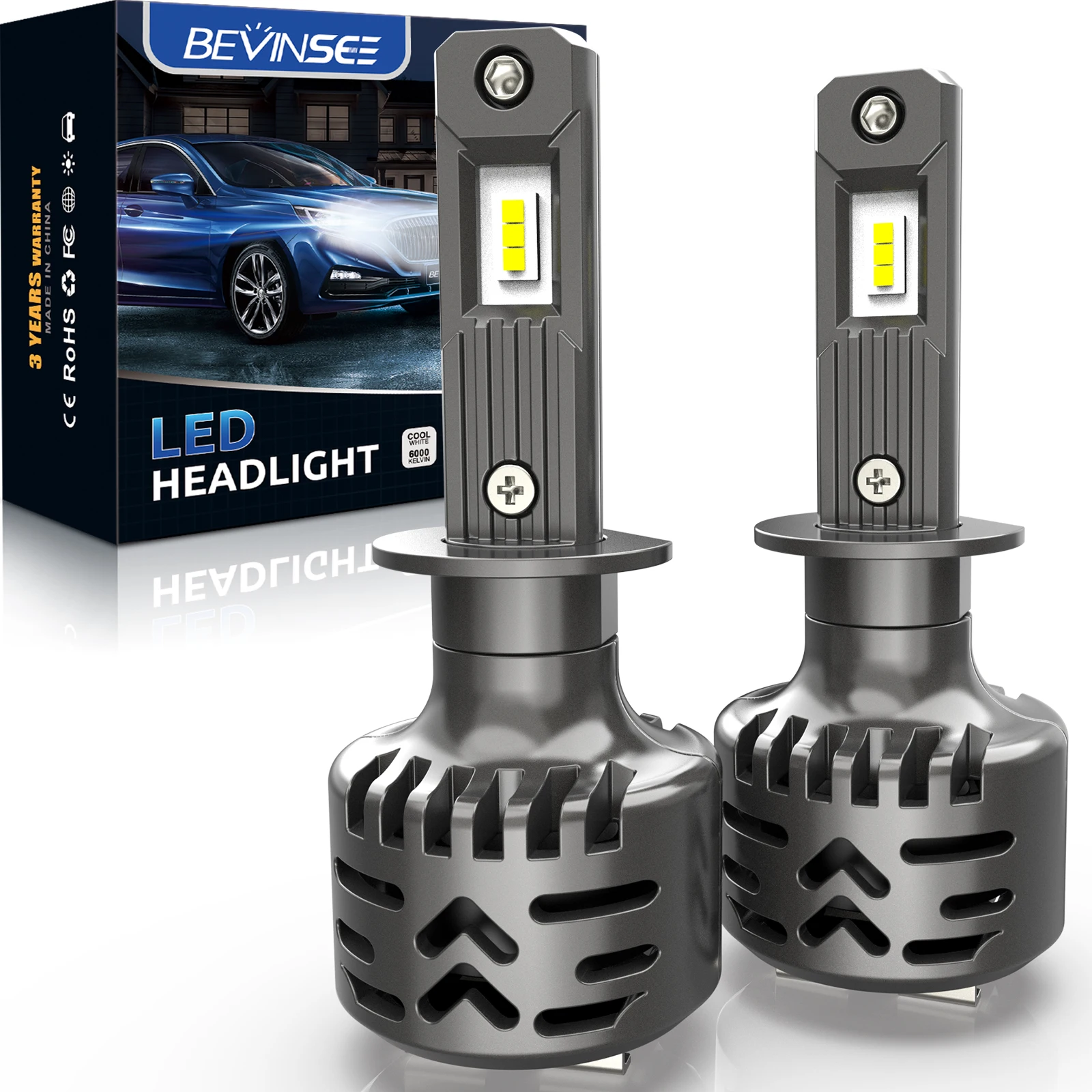BEVINSEE Ampoule LED H1 50W 6000LM CSP Chip Brightness H1 LED Headlight Bulb for Auto with Fan 6000K 12V Vehicles Accessories