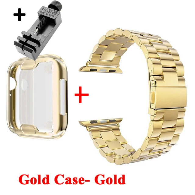 Watch Case+Strap For iWatch Band 38mm 42mm Steel Metal Bracelet For Apple Watch 7 44mm 40mm SE Series 6 5 4 Cover Band 45mm 41mm Gold Case- Gold