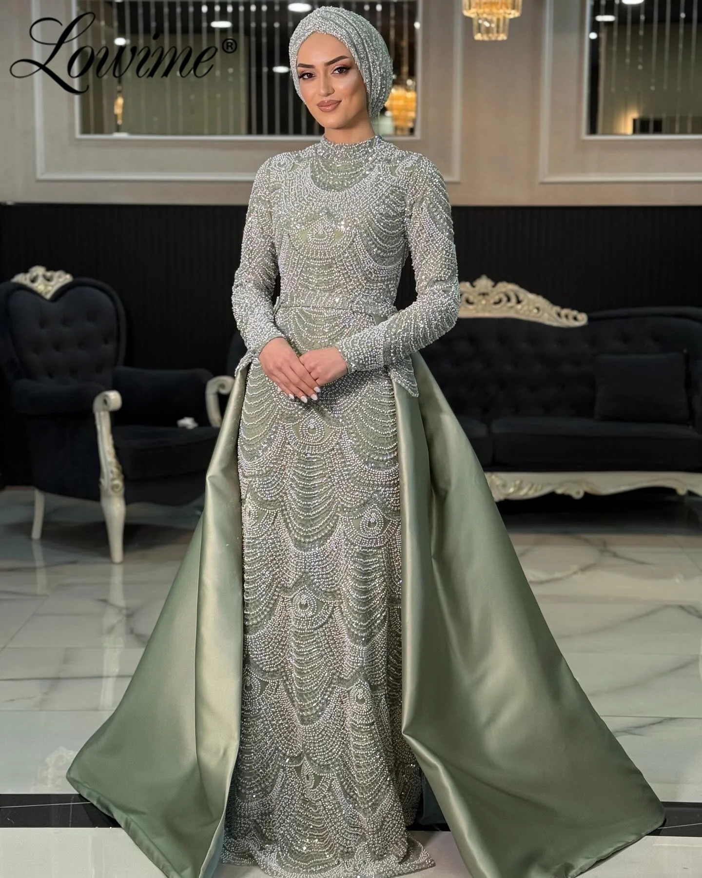 Middle East Vintage Evening Dress Full Sleeves Wedding Events Prom Gowns With Overskirt 2026 Customized Pearl Beaded Party Dress