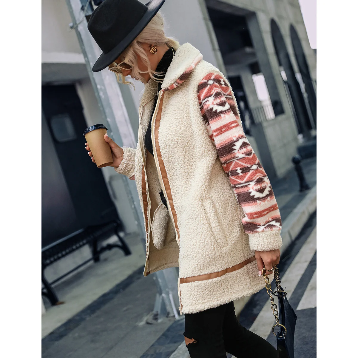 2022 Autumn Winter Women's Wool Cardigan Color Blocking Printing Lapel Long Sweater Stitched Zipper Plush Coat caseneo 001 series pattern printing leather wallet case for xiaomi redmi note 11s 4g 2022 mediatek helio g96 magnetic absorption stand rfid blocking protective phone cover iridescent cloud