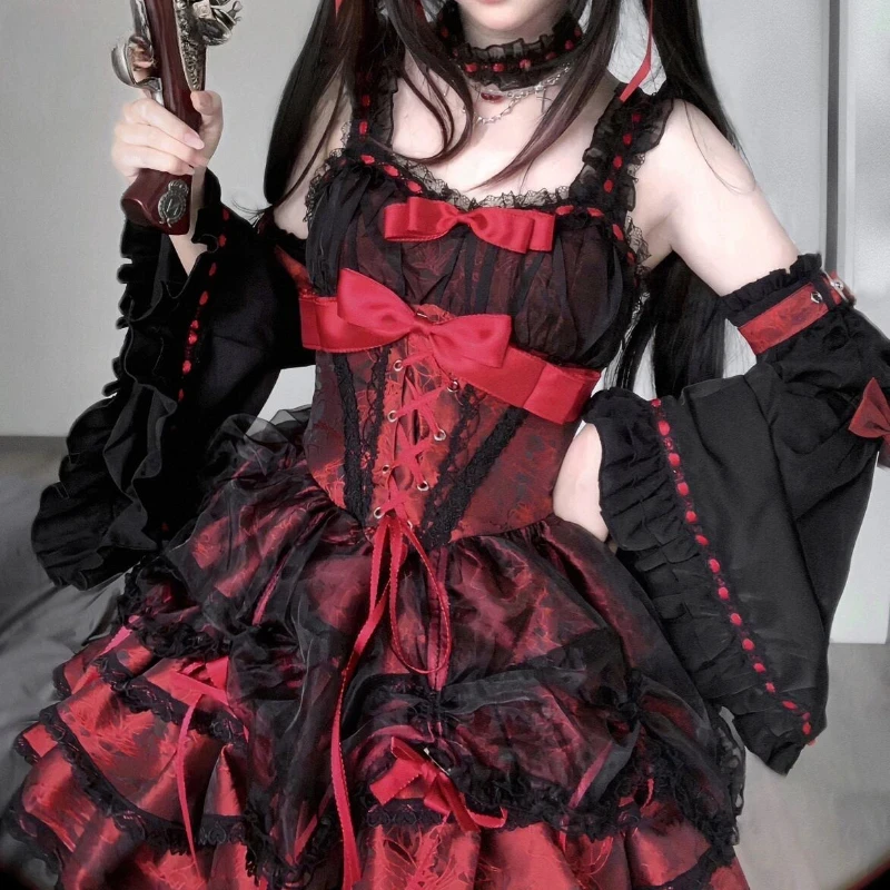 Ank Rouge　重ね着風　ゴスロリ　y2k coquette 00s Y2k Japanese Gothic Lolita Jsk Dress Women Harajuku Bow Lace