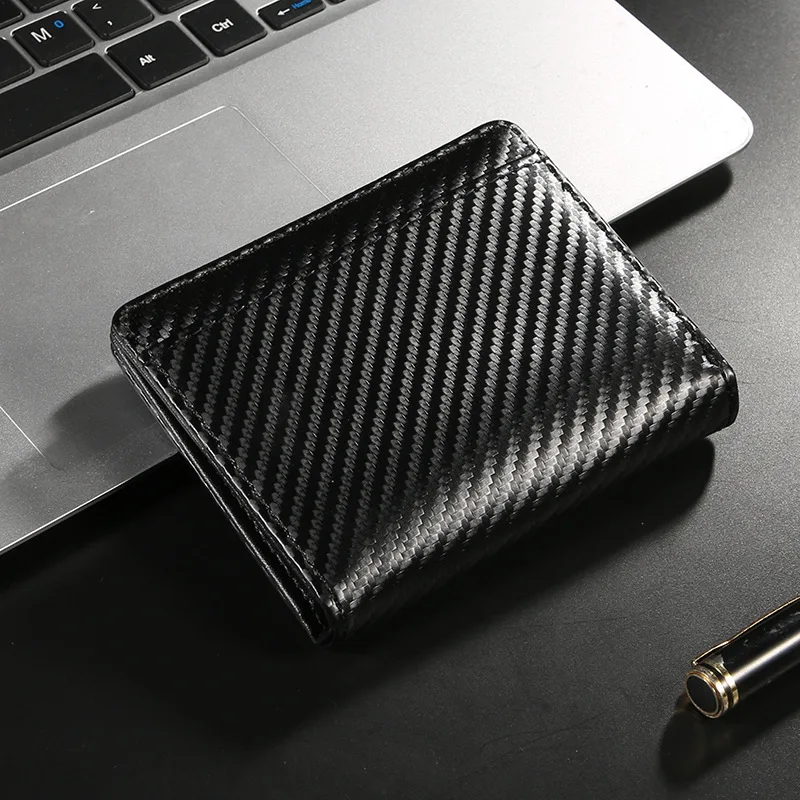 Herren-Geldbörse aus Kohlefaser mit RFID-Blockierung, Kurze Bifold-Geldbörse mit Reißverschluss-Münzfach, Kartenhalter, Schlankes ID-Fenster – Detail 6