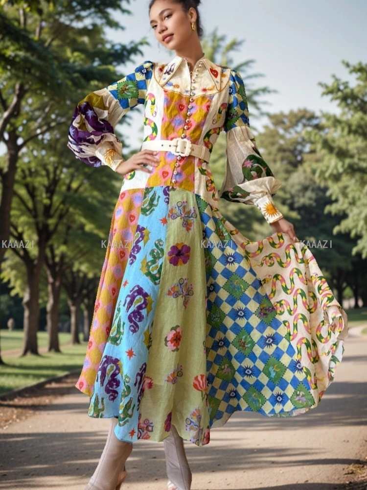 

Polo Neck Long Sleeve Maxi Dress Women Belt Vintage Print Fashion Dresses Casual Female Elegant Robe Vestido Party Fairycore