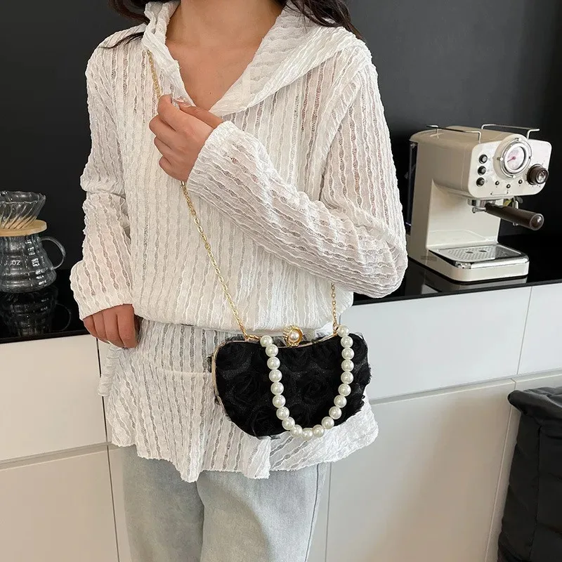 Elegant Evening Clutch Bag Women's New Satin Flower Pearl Chain Handbag Shoulder Ladies Party Banquet Crossbody Bag