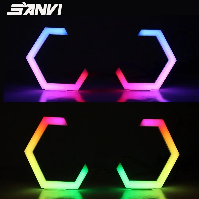 

Шестигранное искусственное кольцо с ангельскими глазами, кольца с RGB Bluetooth, управление через приложение для автомобильных мотоциклетных фар, дневное освещение
