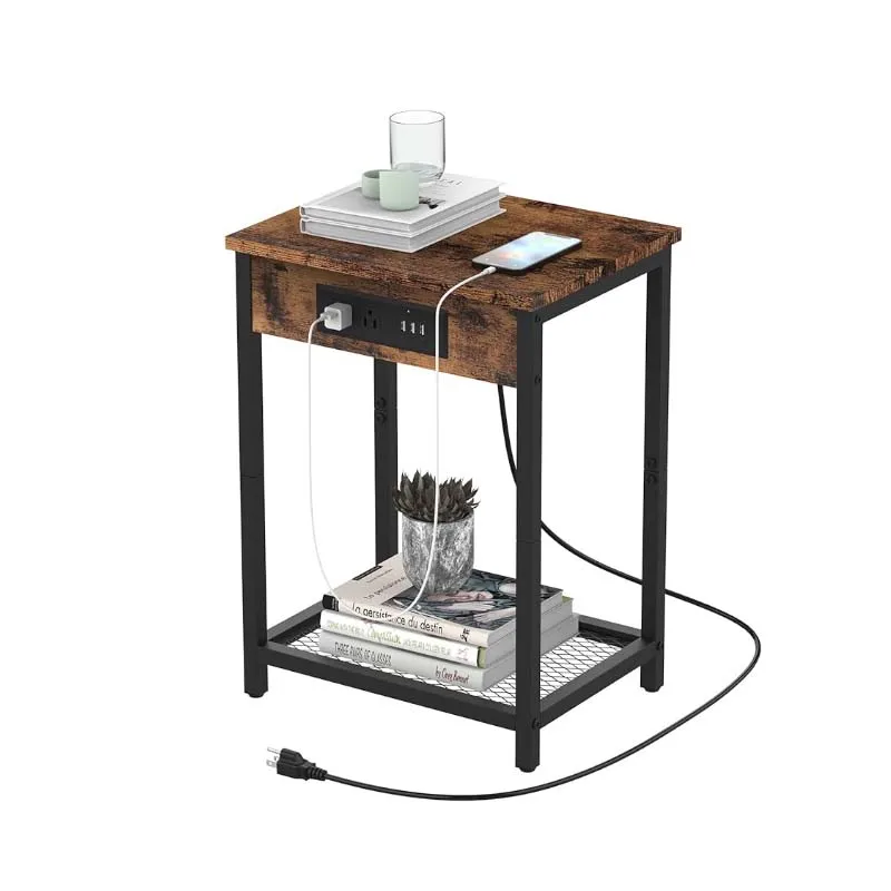 Nightstand with Charging Station Bedroom End Side Table with USB Ports  outlets Modern Record Player Stand 2-Tier Bedside Table 6