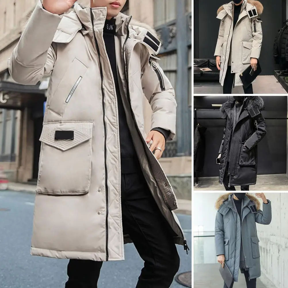 Cold Weather Outerwear Men's Fur Collar Hooded Down Jacket with Zipper Placket Pockets Long Sleeve Winter Coat for Cold Weather