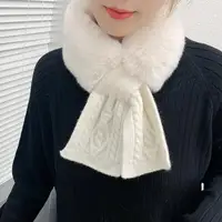 2024 Women Winter Scarf Wool Knit Cross Fur Collar Scarf Outdoor Warm Neck Warmer Fashion Thicken Faux Rabbit Fur Scarf Shawl