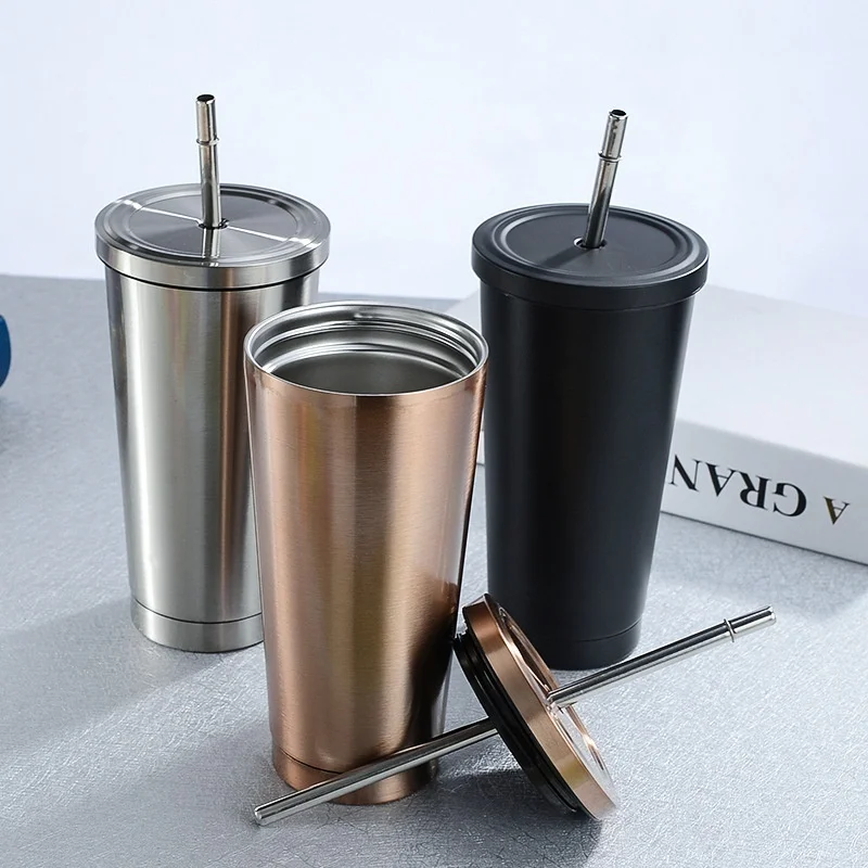 500ml 304 Stainless Steel Travel Coffee Mug With Lid & Metal Straw