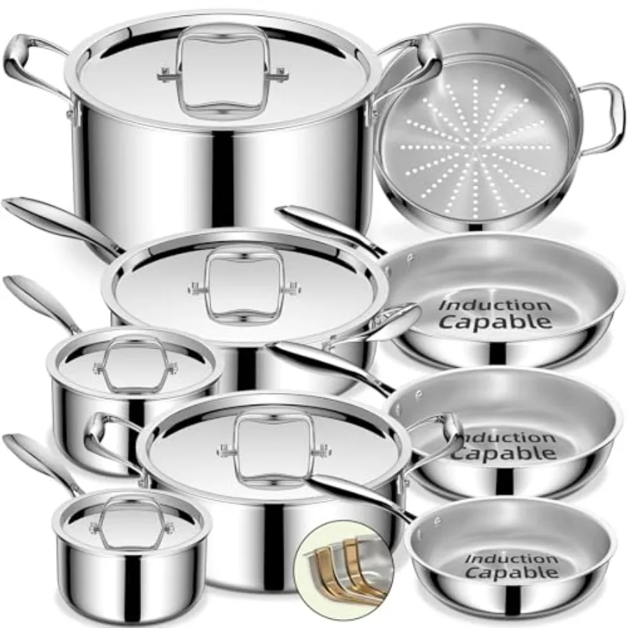 Stainless Steel Cookware Set, 5 Ply 14 Piece Stainless Steel Pot and Pan Set-Induction, Heavy Chef Quality, Oven Safe | Professi
