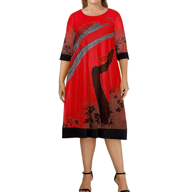 2023 New Spring Summer Striped Print A-line Skirt Prairie Chic Zipper Three Quarter Sleeve Splicing Loose Plus Size Pencil Dress