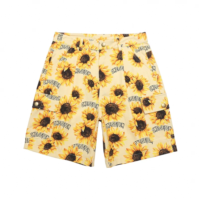 

Streetwear Full Sunflower Print Summer Shirts and Shorts Mens and Women Color Match Letters Baggy Knee Length Pants Oversized