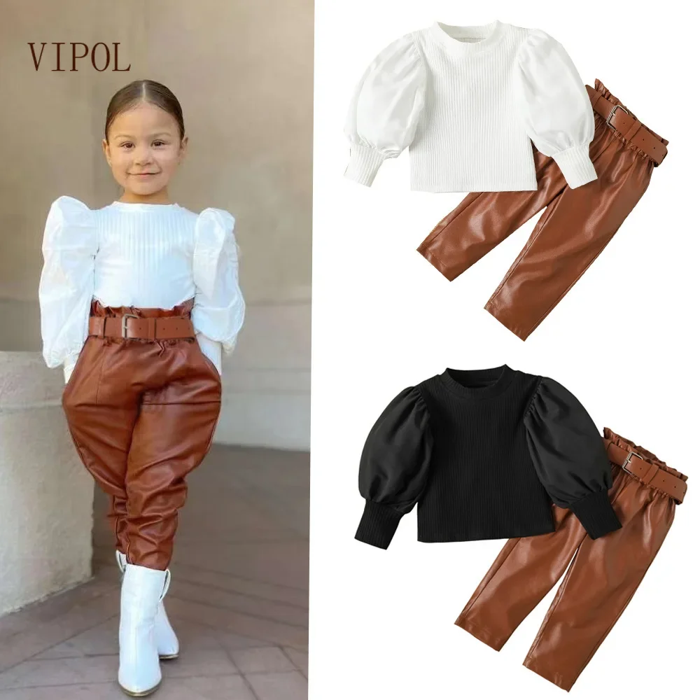 

VIPOL Fashion Girls Clothing Set Puff Sleeve Shirts Pu Pant with Belt Kids Suits for 2 3 4 5 6 Year Toddler Children Outfits