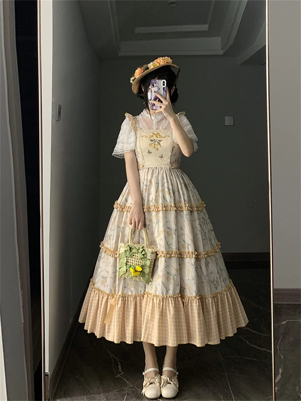 Withpuji Original French Vintage Idyllic Style Cosplay Sweet Girls Jsk Lolita Embroidery Cherry Butterfly Grid Ruffle Dress