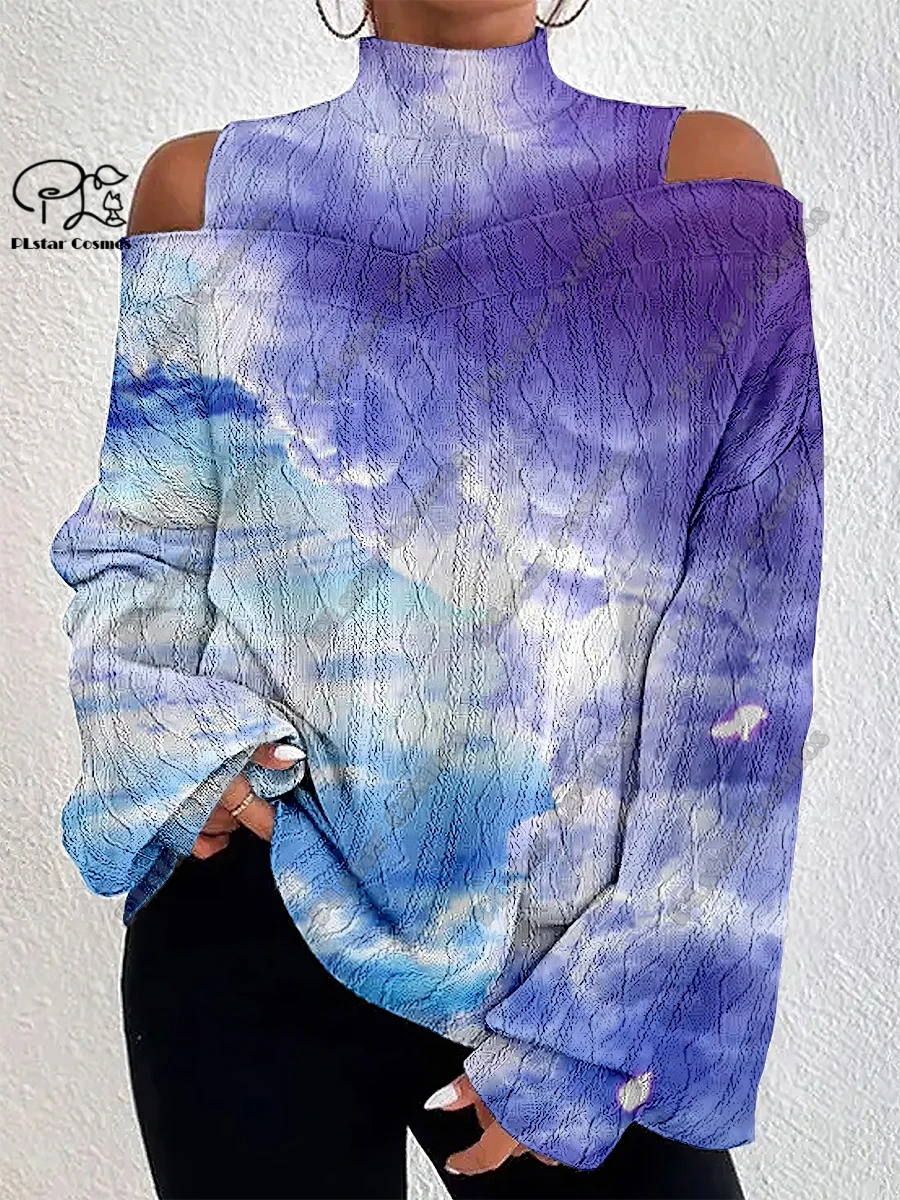 

3D printed starry sky gradient series faded pattern women's lantern sleeve off-shoulder texture top casual long sleeve daily J-2