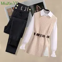 2026 Spring New Korean Elegant in Matching Set Women's Fashion Knitted Vest+Shirt+Jeans Three Piece Female Chic Denim Pants Suit - Image 2
