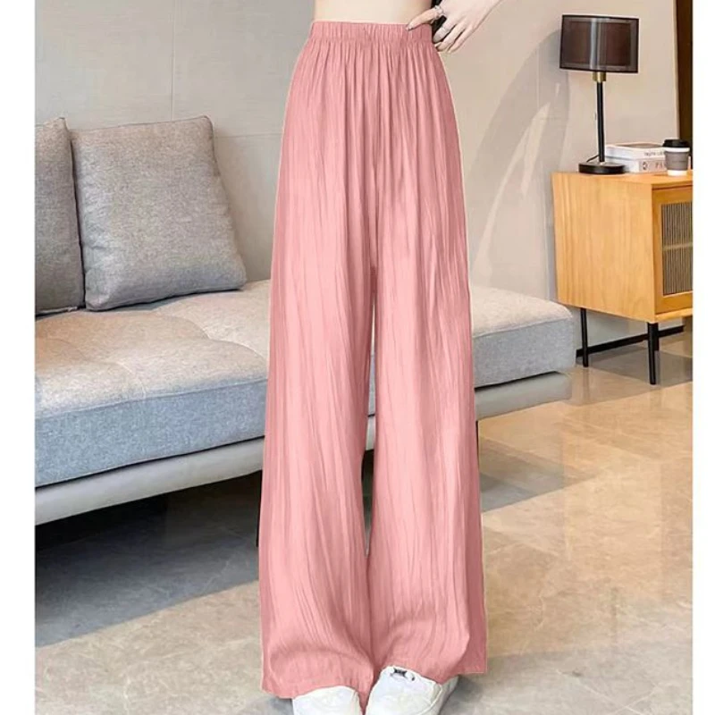 2023 New Women Trousers Ice Silk Wide-Leg Pants Thin Loose-Fitting Mopping Pants Slimming Large Size Casual Pants
