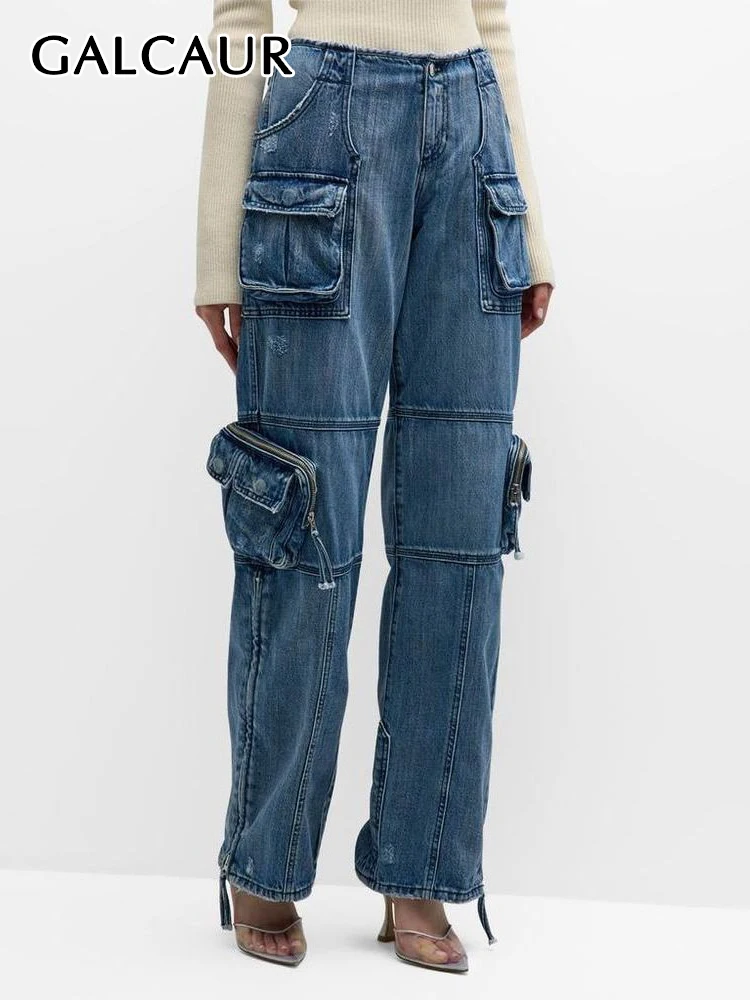 

GALCAUR Summer Denim Cargo Pants For Women High Waist Patchwork Pockets Streetwear Vintage Denim Wide Leg Trousers Female New
