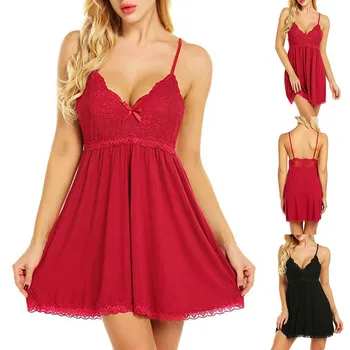 2025 New Sexy Lace Nightgown Womens V Neck Spaghetti Strap Chemise Lingerie Babydoll Sleepwear Mini Dress Nightie Plus Size Hot