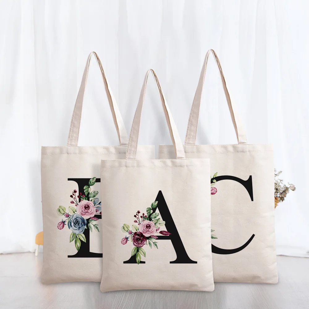 

Ladies Shopping Bag Letter Series Handbag Foldable Reusable Cloth Shopper Flower Letters Bag Student Canvas Tote Bag