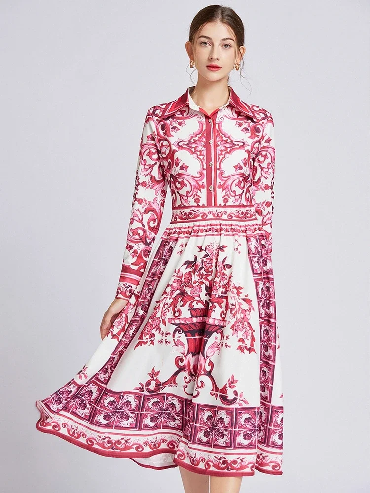 

Spring Autumn Fashion Red And White Porcelain Shirt Dress Women's Lapel Long Sleeve Floral Print Slim Robe Midi Vestidos