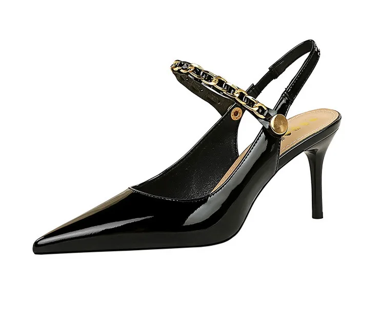 Shoes Metal Chain Women Pumps Patent Leather New Women 7 Cm 9.5 Cm Heels Women Summer Stilettos Sandals High Heels