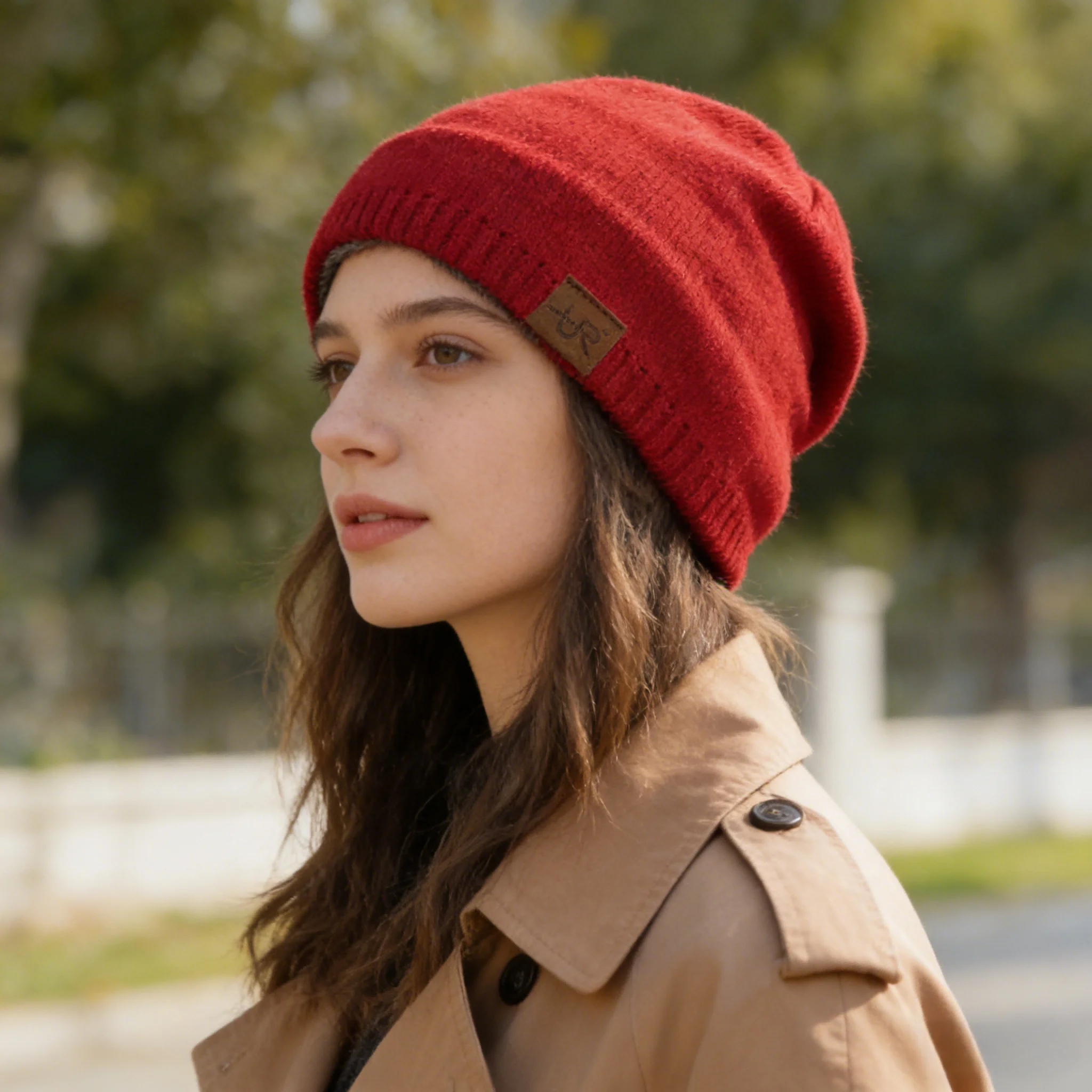Unisex URGENTMAN Labal Wintermützen Einfarbige Strickmützen für Männer und Frauen Beanie Cap Outdoor Hinzufügen Pelzfutter Warme Sportmützen – Detail 6