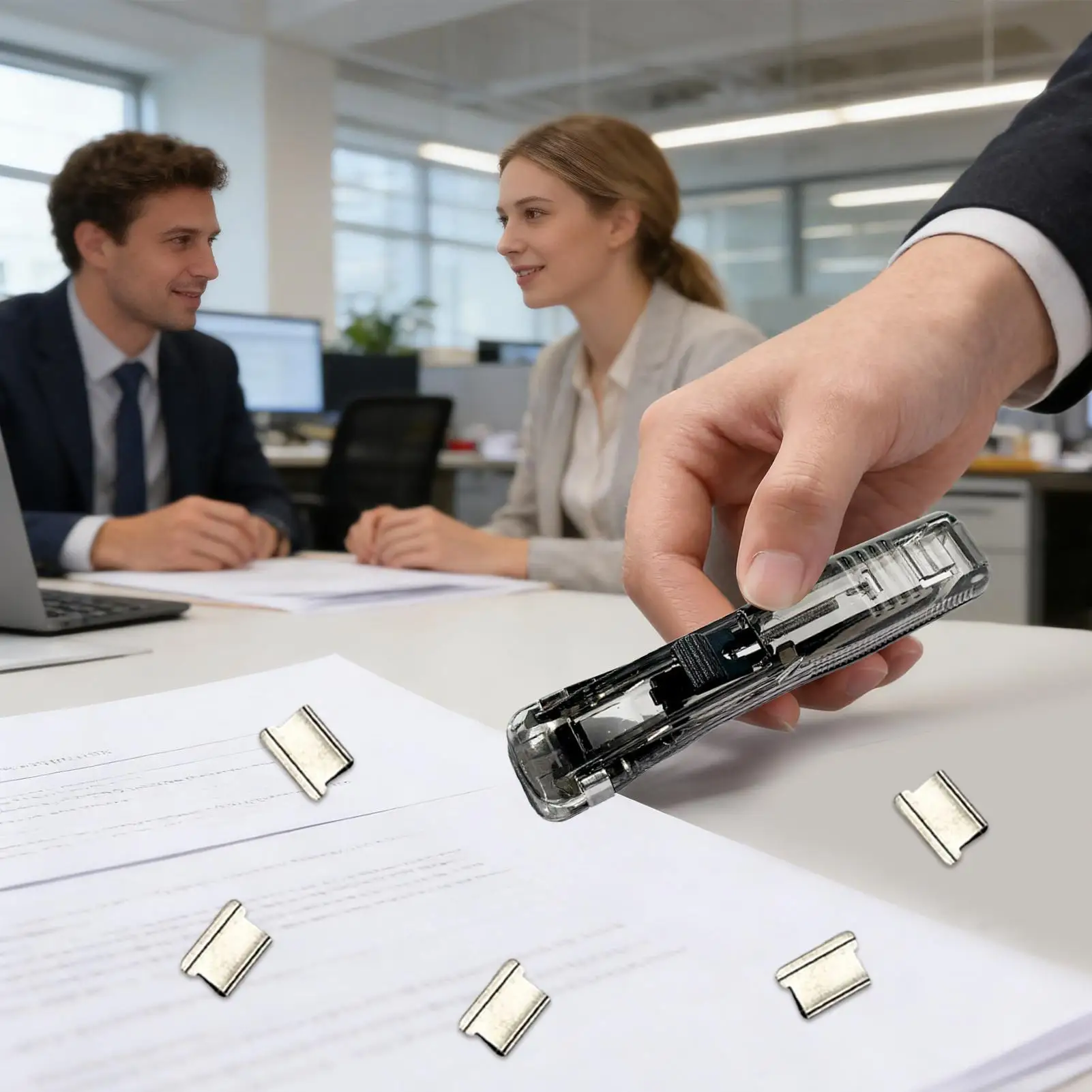 클립 스테이플러 45매 용량 종이 클립 디스펜서(50개 금속 리필 포함) 교사 학생용 데스크탑 재사용 가능 휴대용 스테이플러