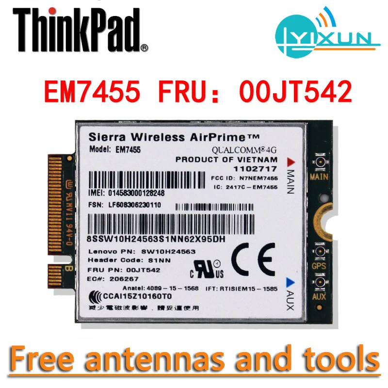 

Модуль доступа к Интернету LTE 4G EM7455 00JT542 GOBI6000 для Lenovo Thinkpad L460, P40, P50, T460, X1, CARBON/YOGA, X260, YOGA260
