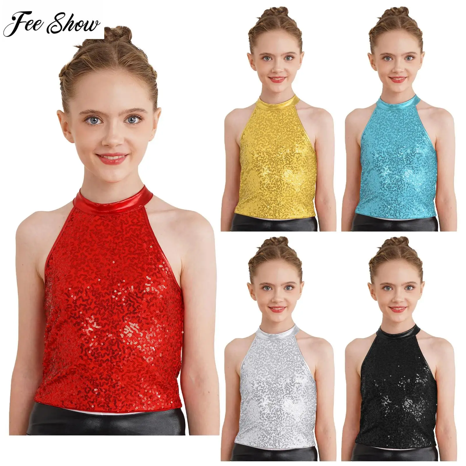 

Детский укороченный топ с блестками для девочек, топы без рукавов для танцев, для чирлидинга, джаза, танцев, гимнастики, выступления на сцене
