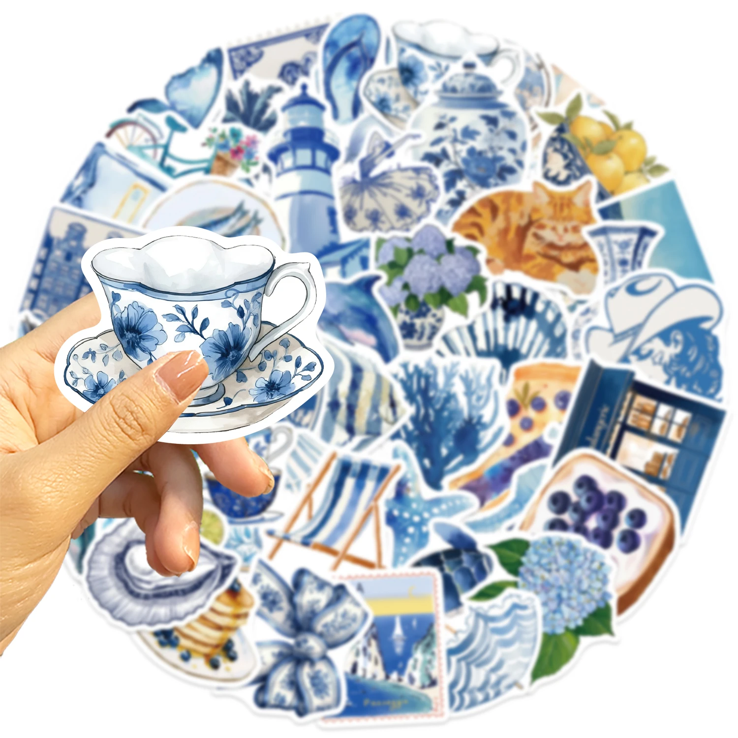 50/100 Stück Niedliche Mediterrane Aufkleber Ästhetische Blaue INS Cartoon-Sticker DIY Scrapbooking Handy Gepäck Wasserdichte Aufkleber Spielzeug – Detail 9